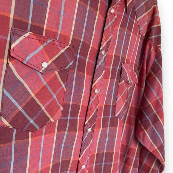 Vintage 90s Y2K Wrangler Berry Red Plaid Western Pearl Snap Shirt Big and Tall - Picture 3 of 5